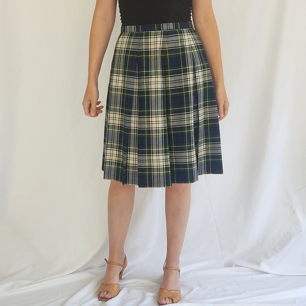 70s Blue and Green Plaid‎ Midi Skirt